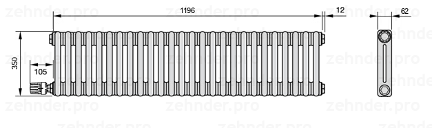 Схема (чертеж) Радиатор Zehnder Charleston 2035/26 №V003 Белый глянцевый RAL 9016